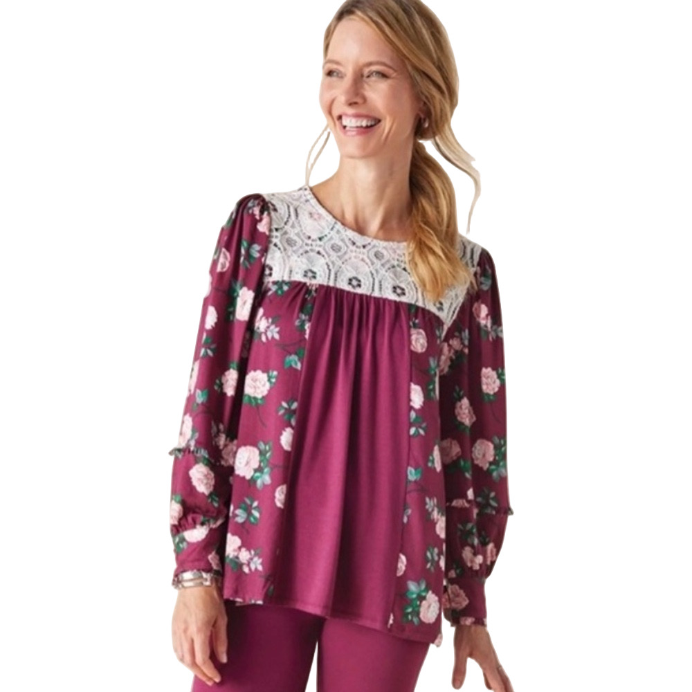 Matilda Jane size S Floral Lace Detail Top - Burgundy GUC..